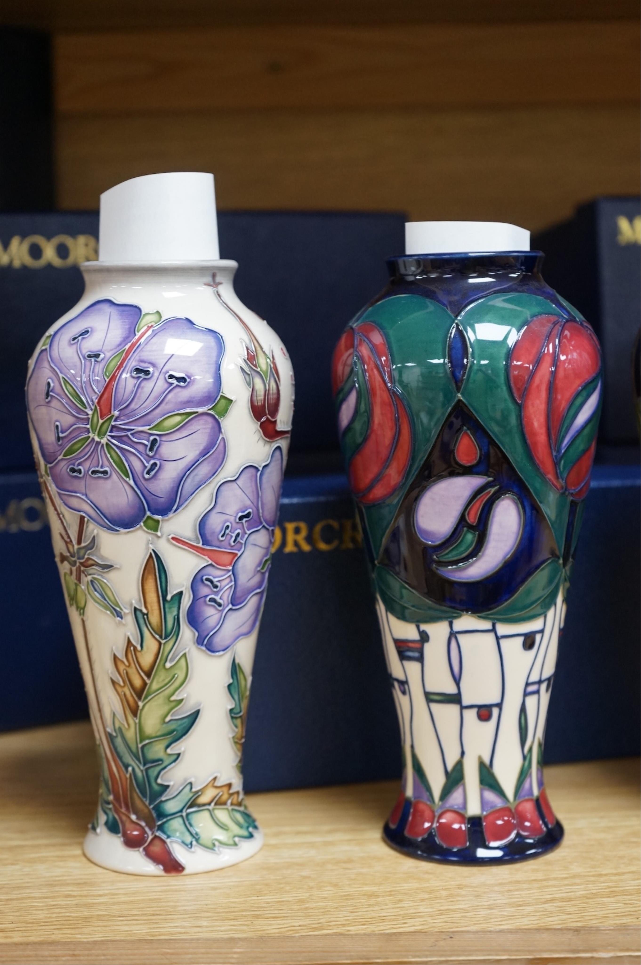 Five boxed Moorcroft vases - Geneva, Meadow Cranesbill, Cosmos, Oberon and Charles Rennie Macintosh patterns, 20.5cm
